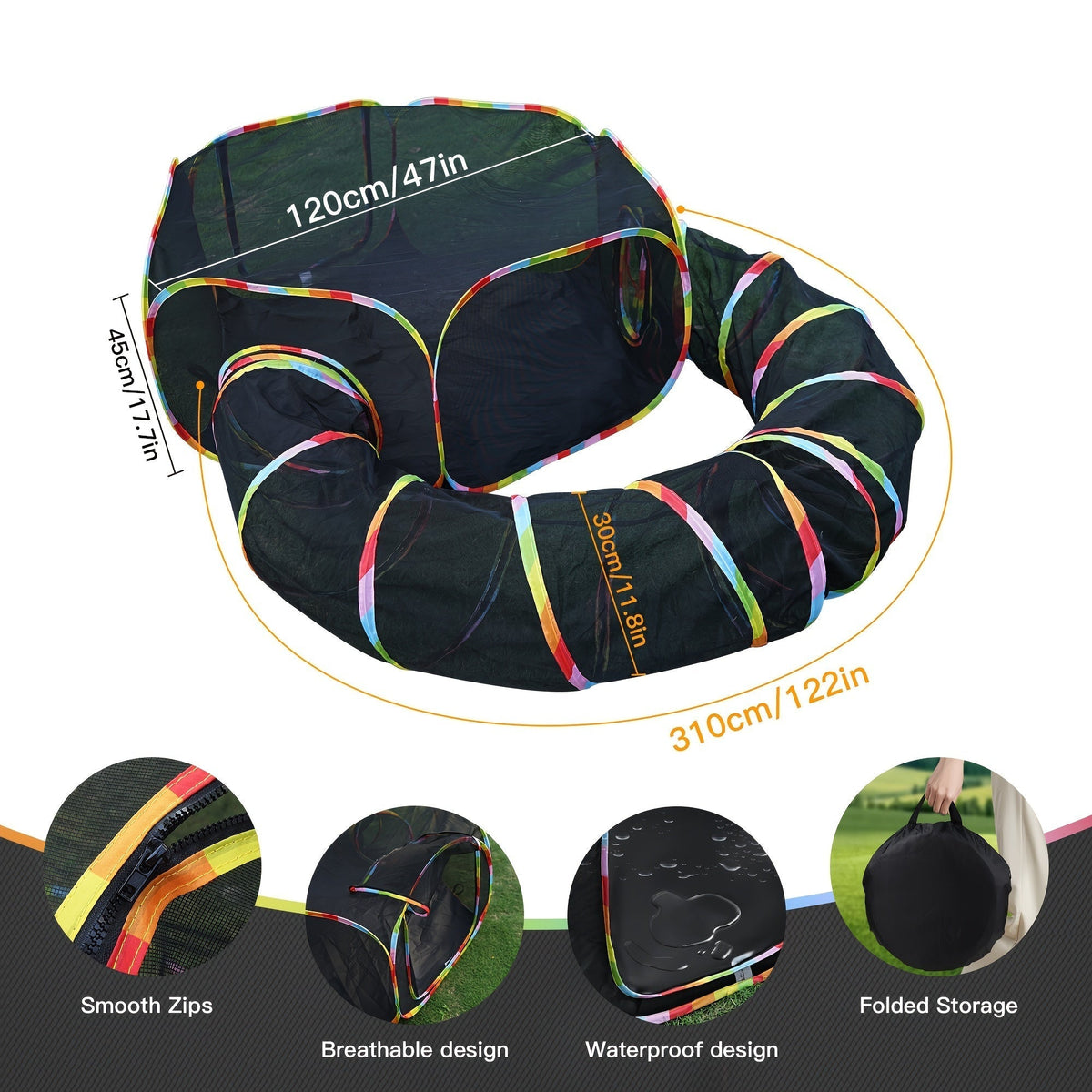 Rainbow Cat Playpen Outdoor Cat Enclosure with Circle Tunnel and Portable Pop-Up Tent, Foldable Cat Playground for Cats Kittens and Small Animals Indoor Outdoor Use