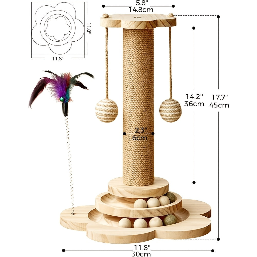 4-in-1 Cat Scratching Post with Sisal, Feather Toy, Dual-Layer Ball Track & 6 Wooden Toy Balls – Anti-Tip Solid Wood Activity Center for Indoor Cats, Kittens & Multi-Cat Households