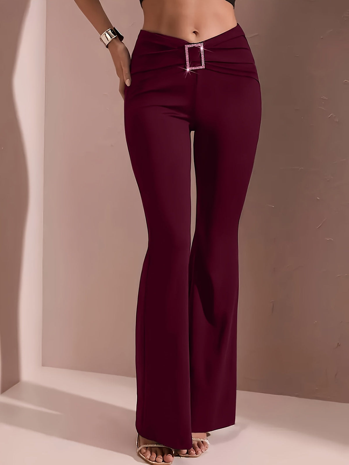 Women's High Waist Flared Wide Leg Pants Elastic Waistband Metal Chain Detail Smooth Fabric Stretchy Trousers Black Deep Red Blue S-XXL