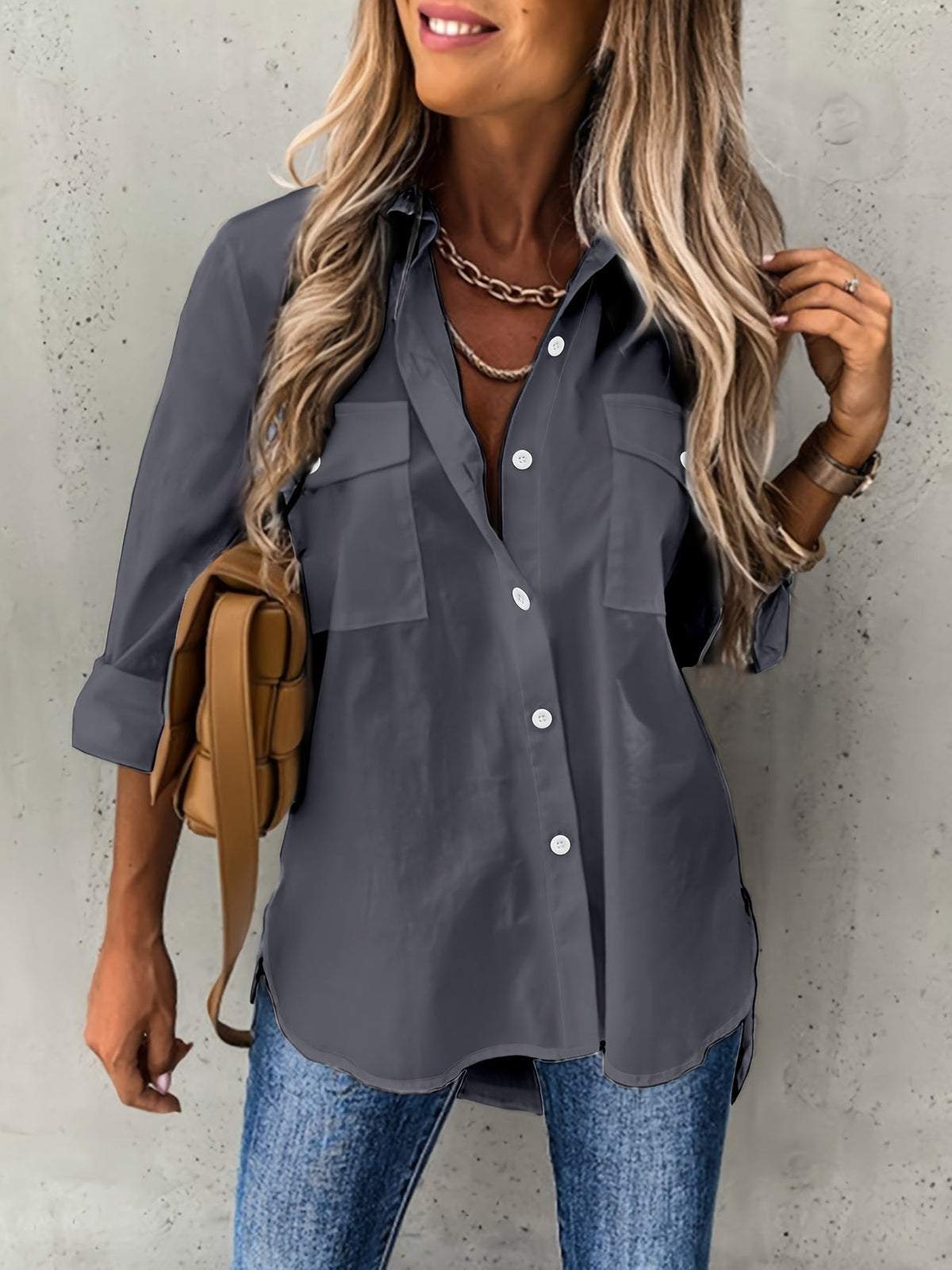 Women's Solid Color Button-Front Long Sleeve Shirt – Collared Woven Stretch Blouse for Office Business Casual Everyday Wear