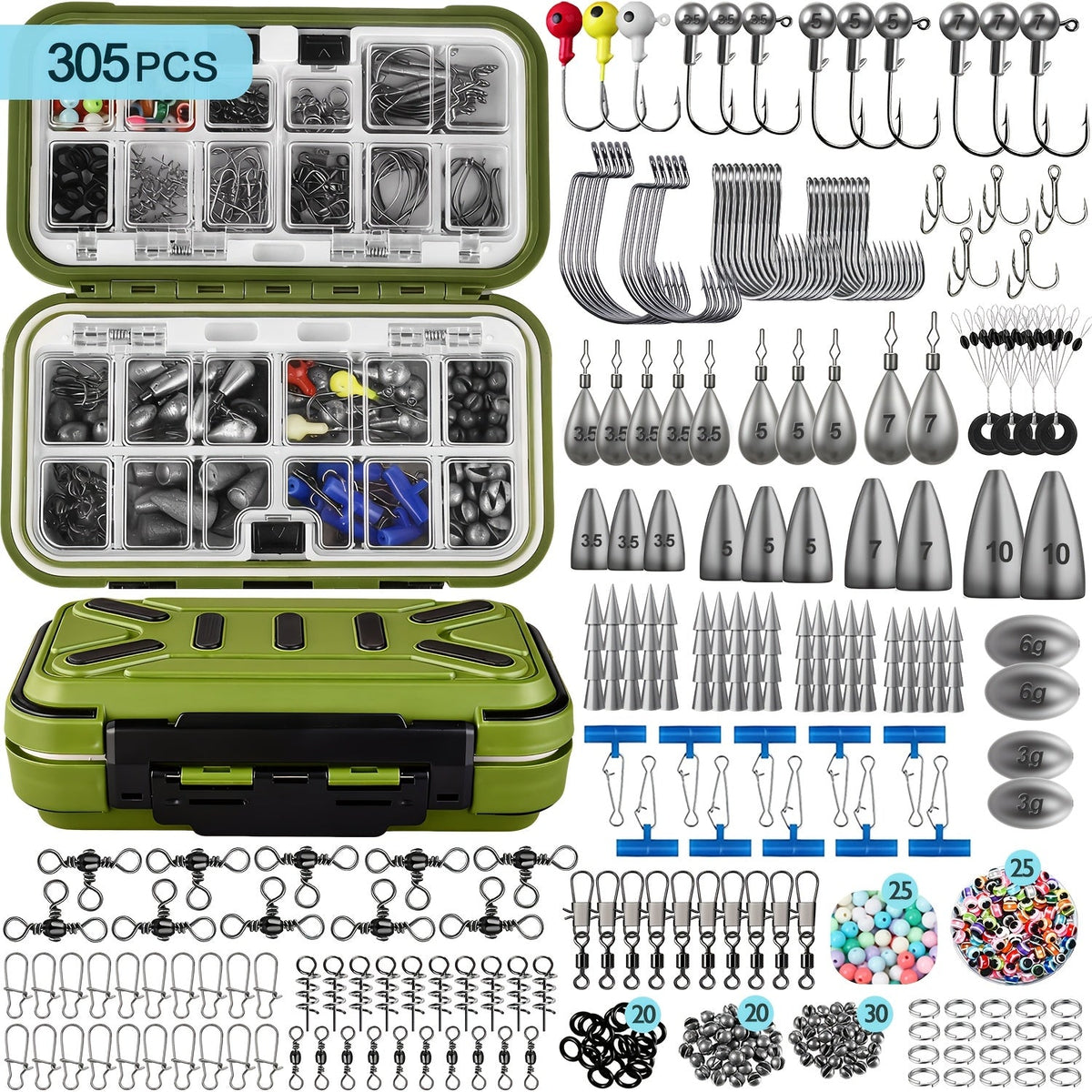 Fishing Tackle Kit 132 to 405pcs – Complete Fishing Gear Set with Tackle Box, Fishing Hooks, Weights, Sinkers & Spinner Blades for Bass, Trout, Bluegill & Crappie Freshwater Fishing