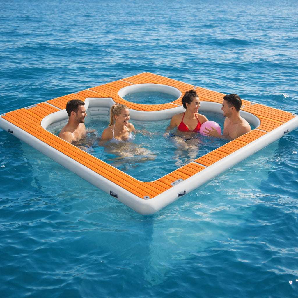 LUXOAK Inflatable Sea Pool Floating Dock 13x13FT with Dual Depth Design, 0.7mm PVC Safety Mesh Net & EVA Non-Slip Surface, Modular Ocean Party Platform for Water Recreation, Family Beach Fun