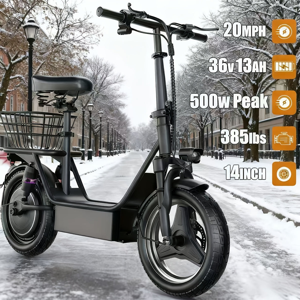 Electric Scooter with Seat – 30-Mile Range, 20 MPH, 14-Inch Pneumatic Tires, Dual Suspension, Height-Adjustable Seat & Handlebar, Front Basket & Double Brakes – Heavy-Duty Urban Commuter Scooter for Adults