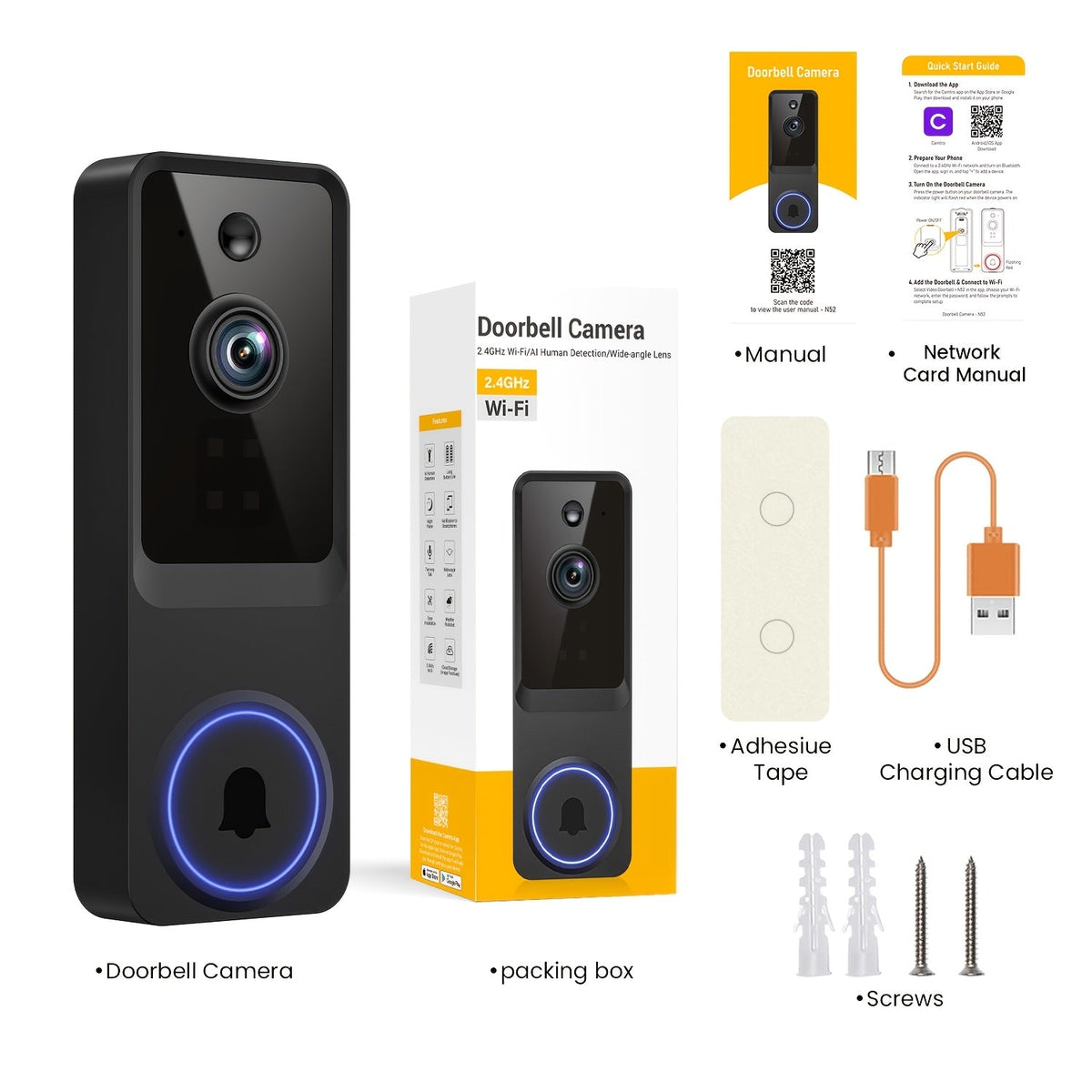 Wireless Doorbell Security Camera 1080P HD | 166° Panoramic View, Auto Tracking, Night Vision, Spotlight, Two-Way Audio, Person & Vehicle Detection, 2.4G WiFi – 1pc or 2pcs
