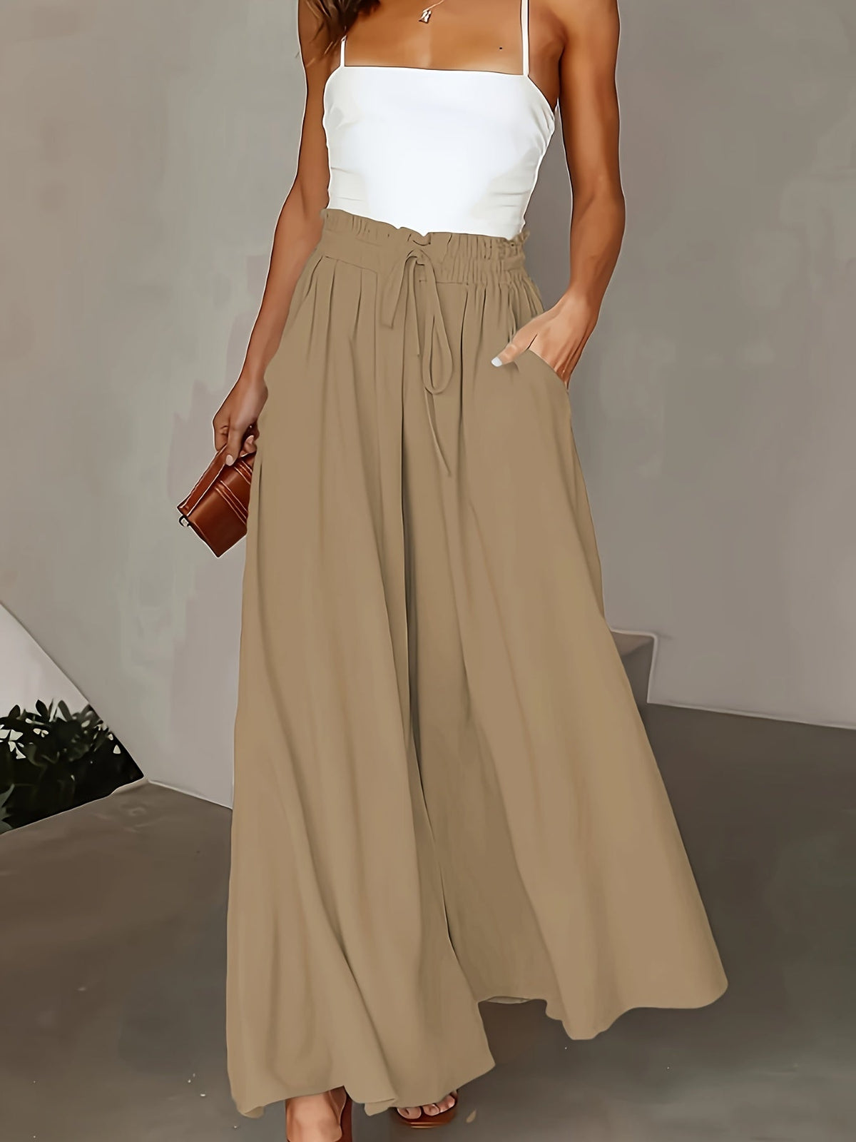 Women's High-Waist Wide-Leg Pants – Elegant Loose Fit Solid Color Flowy Trousers with Pockets for Spring Summer Office Casual