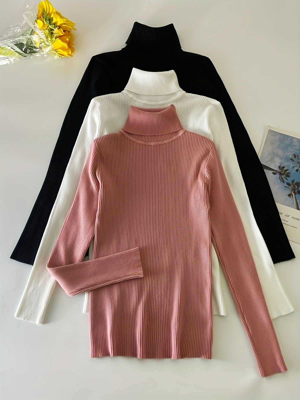 Women's 3-Piece High Collar Pullover Set – Soft High-Stretch 60% Elastane Solid Color Turtleneck Tops Bundle in Mixed Colors for Everyday Wear