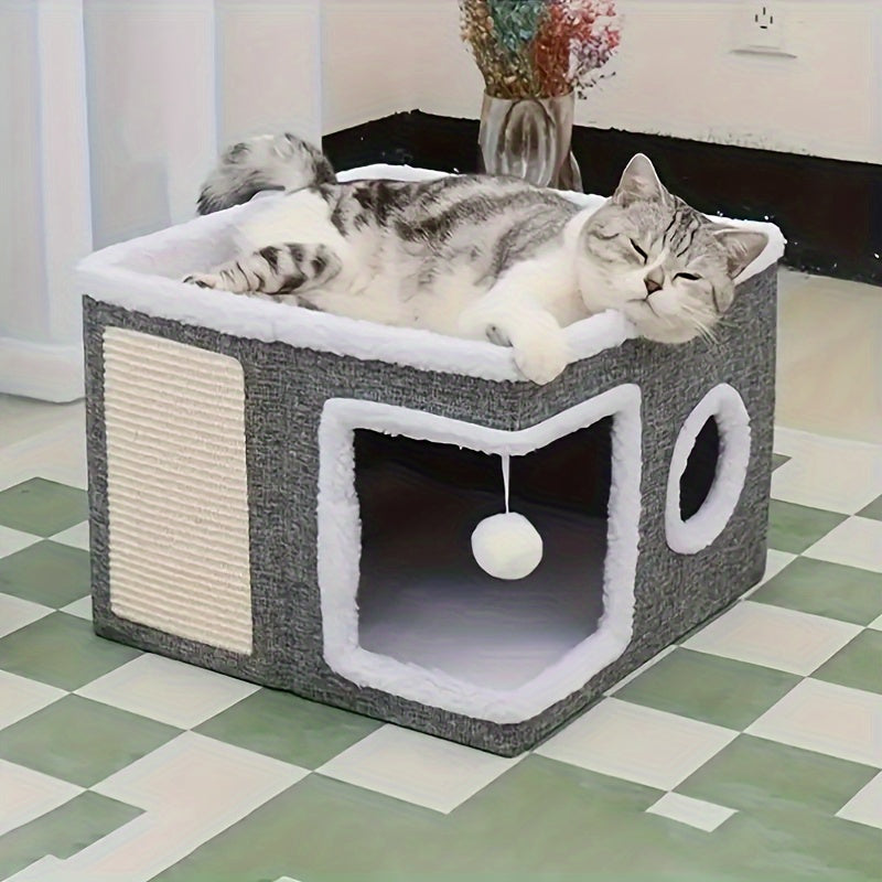 Foldable Multi-Layer Cat House with 2-Tier Bed Toy Tunnel Scratching Post Plush Hanging Ball and Cozy Mat Indoor Cat Cube Enclosure Nylon Frame Canvas All-Season Cat Furniture