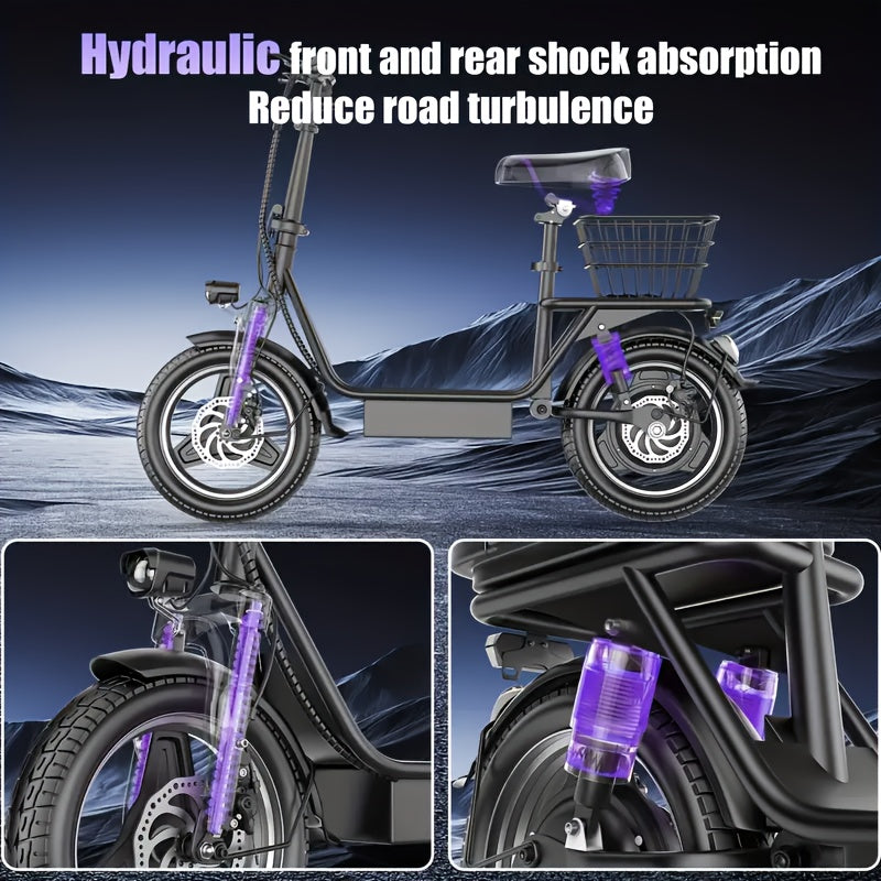 Electric Scooter with Seat – 30-Mile Range, 20 MPH, 14-Inch Pneumatic Tires, Dual Suspension, Height-Adjustable Seat & Handlebar, Front Basket & Double Brakes – Heavy-Duty Urban Commuter Scooter for Adults