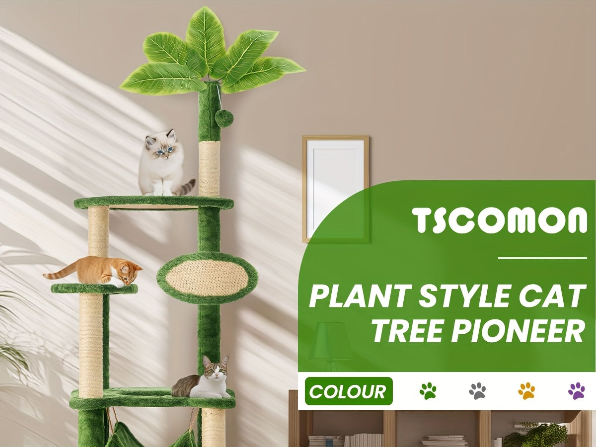 55 Inch Cat Tree for Indoor Cats with Green Leaves – Multi-Level Large Cat Tower with Hammock Sisal Scratching Posts Hanging Ball Toy Cat Furniture for Living Room Bedroom