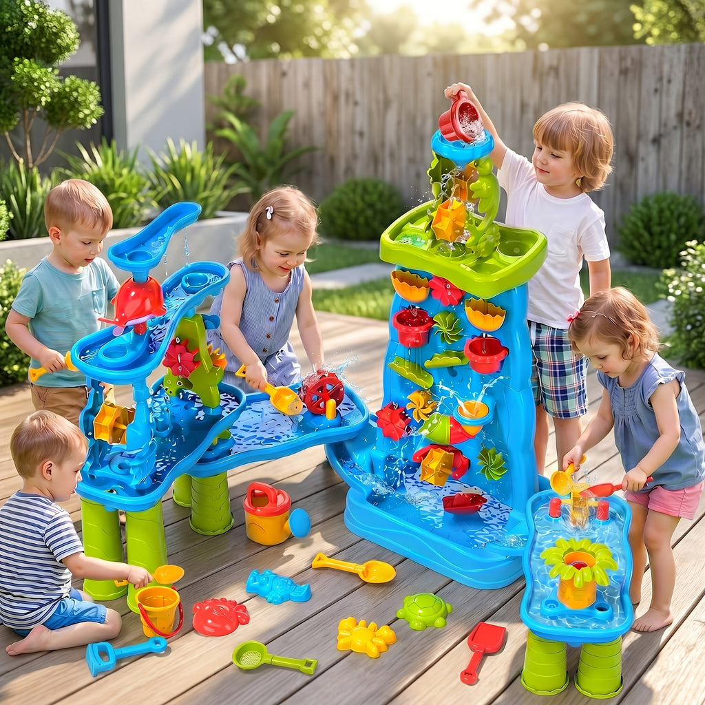 Kids Water Sand Table Double-Sided with Waterfall Maze Wall – Outdoor Sensory Play Table for Toddlers Boys & Girls – Summer Beach Toys Activity Station for Backyard, Patio & Pool Play