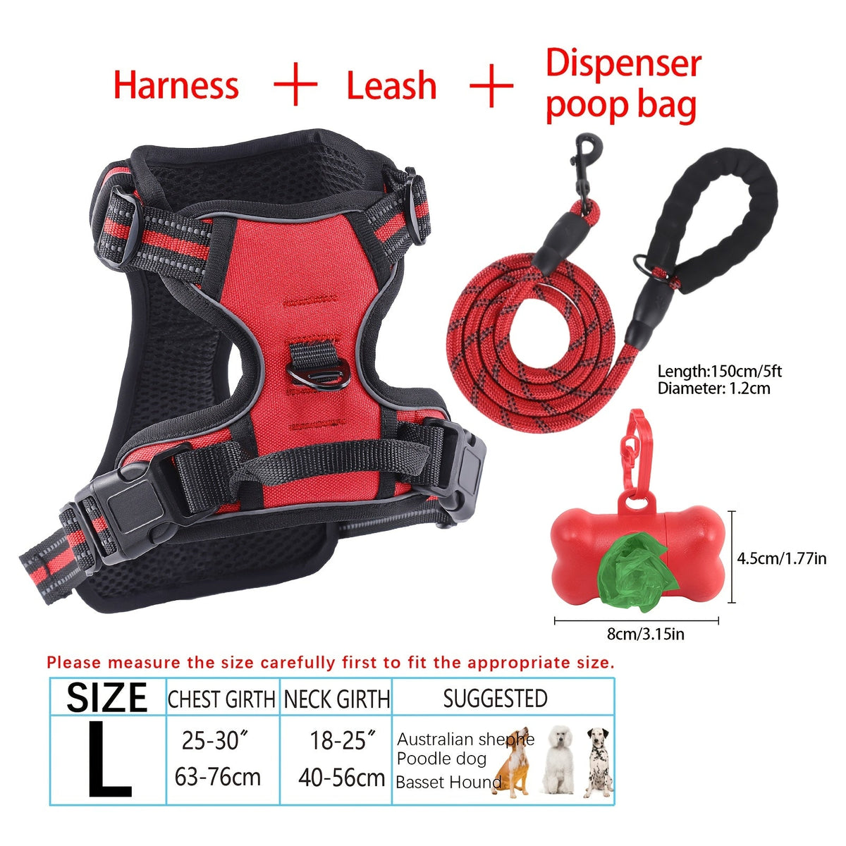 4-Piece Dog Harness and Leash Set No-Pull No-Choke Reflective Oxford Vest Harness with Leash Poop Bag Dispenser Easy Control Handle for Medium Large Dogs Outdoor Training Walking