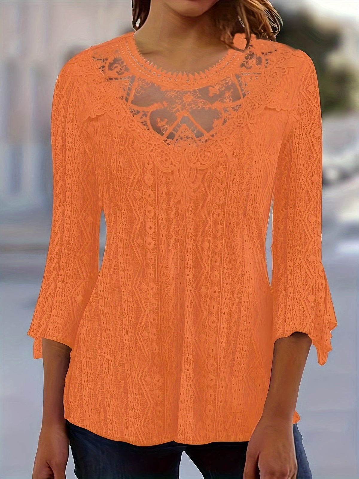 Women's Contrast Lace Trim Long Sleeve Blouse – Sexy Semi-Sheer Round Neck Elegant Pullover Top for Spring Summer Fall in Black, White & Orange-Red