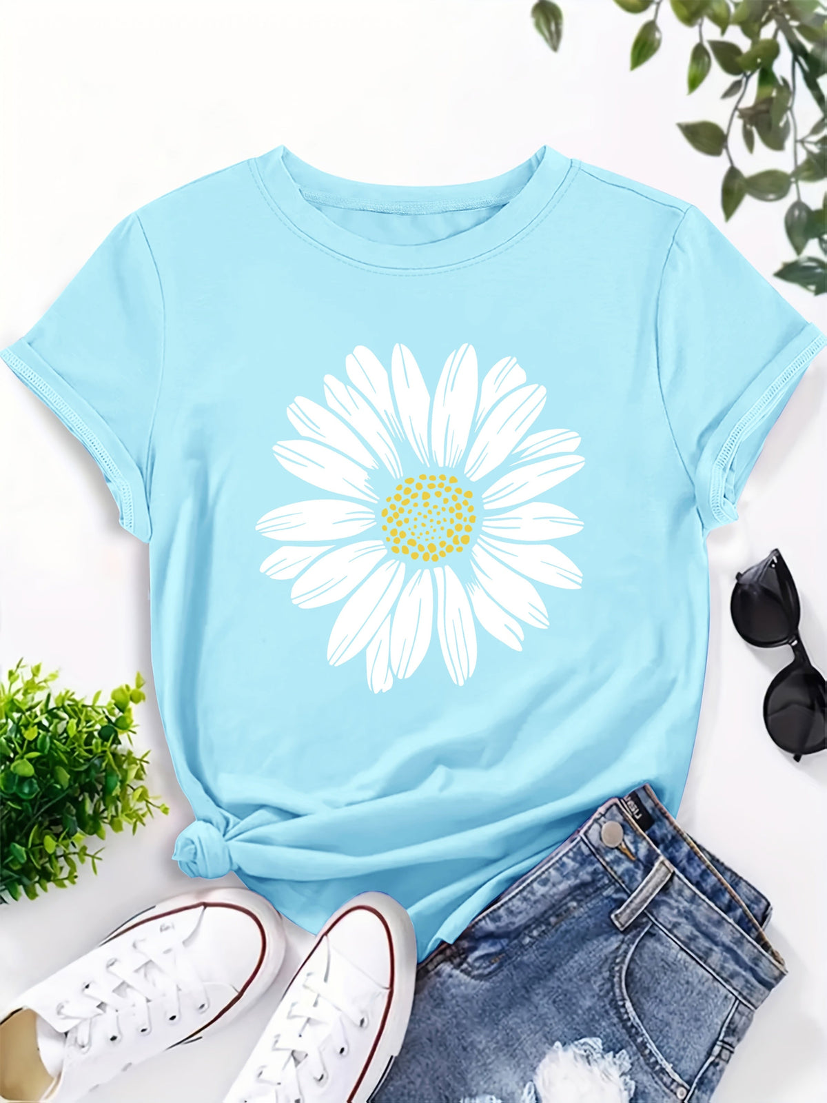 Women's Daisy Flower Print Round Neck T-Shirt | Casual Summer Tops for Women Short Sleeve Tee Shirts Cute Floral Graphic Tshirts S M L XL XXL