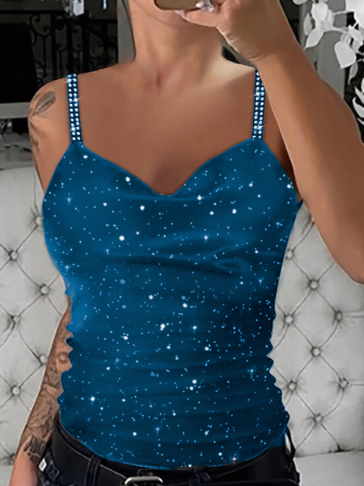 Women's Sequin Rhinestone Strap Cami Top Sexy V-Neck Sleeveless Tank Top Glam Party Night Out Going Out Tops Spring Summer Fall S M L XL XXL
