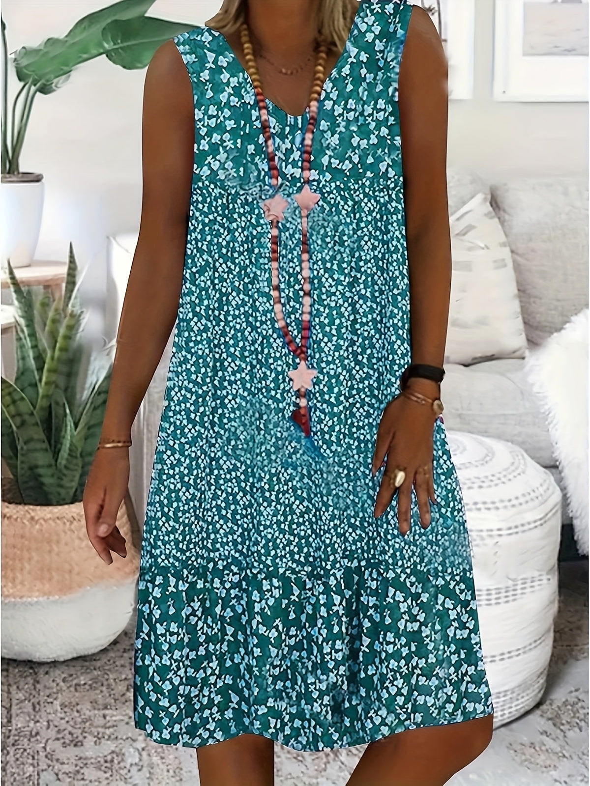 Women's V-Neck Sleeveless Dress Summer Floral Print Casual Sundress Loose Fit Beach Vacation Dress for Women S M L XL XXL