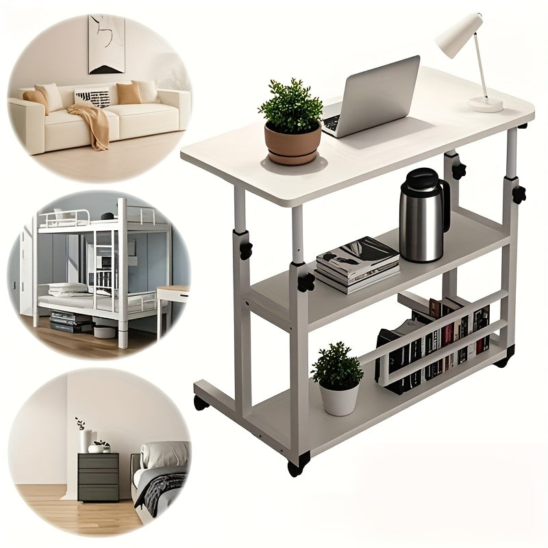 3-Tier Rolling Folding Desk with Wheels Height Adjustable Expandable Desktop Storage Shelf for Laptop Study Home Office Bedroom Living Room Computer Table