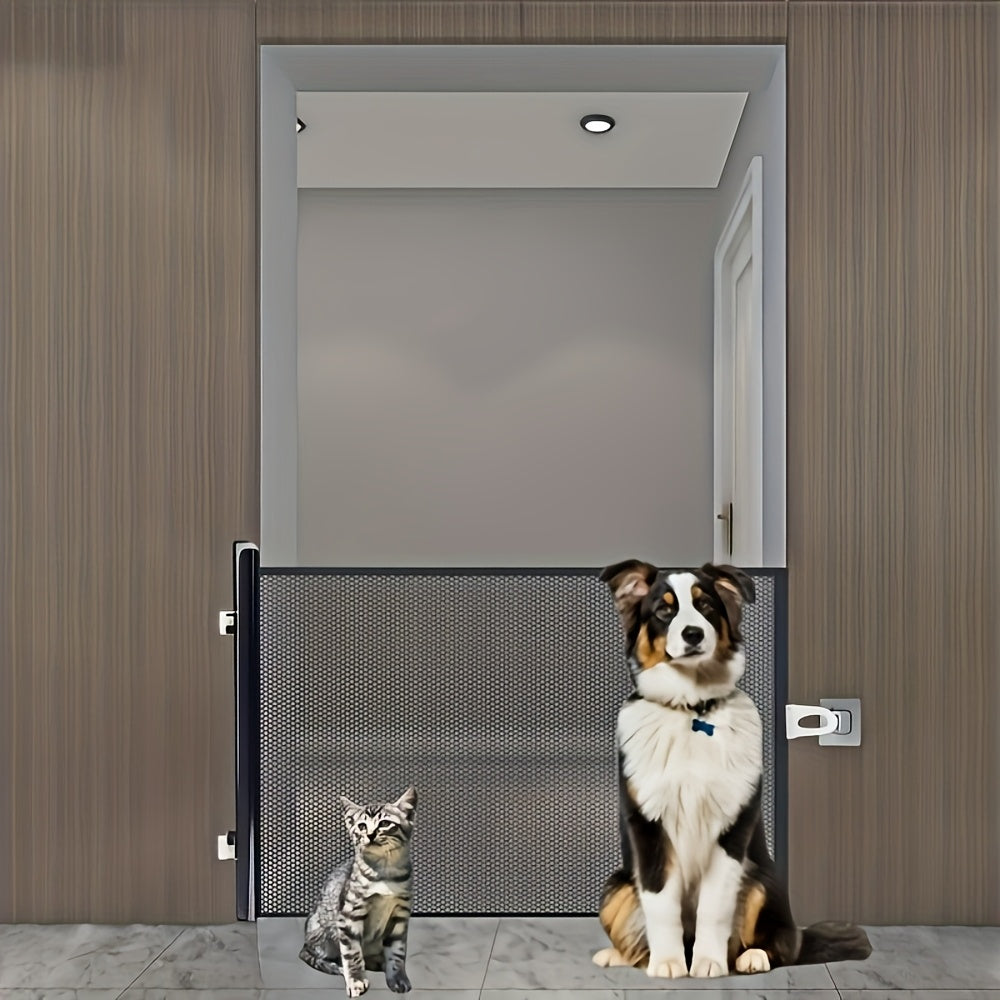 Retractable Mesh Pet Gate for Dogs and Cats - No Drill Easy Install Safety Gate for Stairs Doors Rooms, Indoor Outdoor Dog Gate Stair Guard for Home Office Hallway