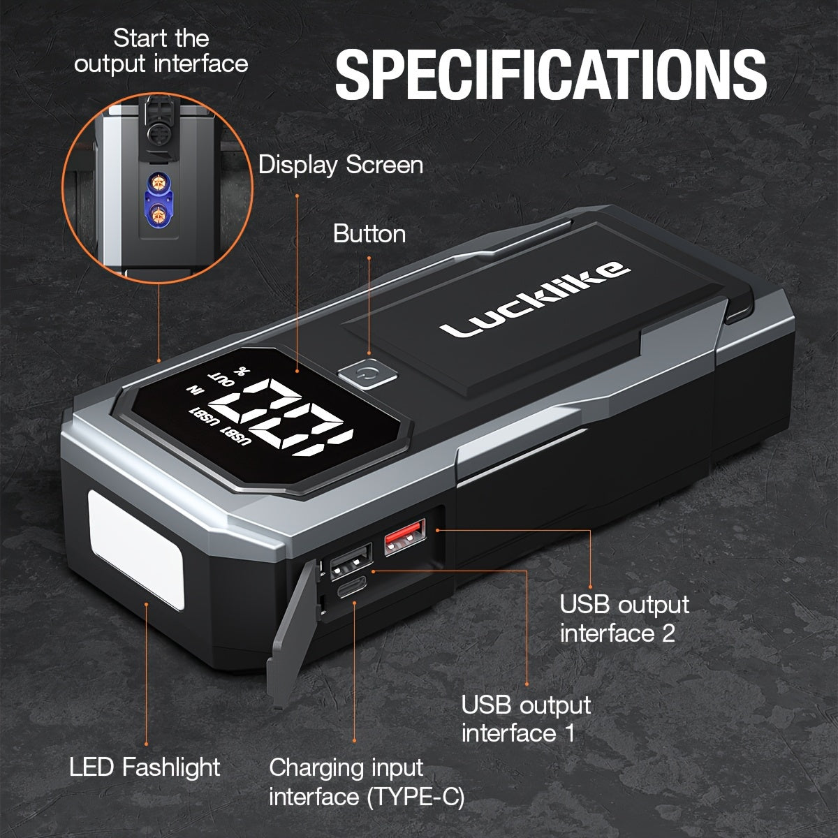 5000A Portable Car Jump Starter & 12V Battery Charger – 3000A Peak, QC3.0 Quick Charge, Intelligent Jumper Cables, LED Light & Power Bank for Gas & Diesel Engines Up to 8.0L