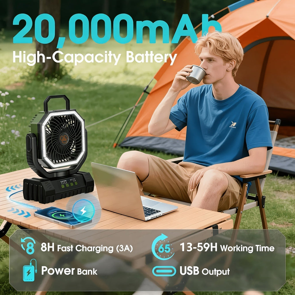 20000mAh Camping Fan with Remote Control LED Light Oscillating 4 Speeds Timer Power Bank - Rechargeable Tent Fan for Camping Picnic BBQ Fishing Outdoor