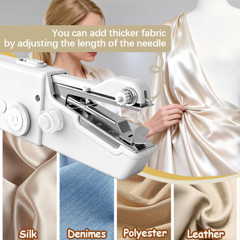 Compact Handheld Sewing Machine Kit Portable Battery Powered with Needles Bobbins Thread Spool Needle Threader and Fabric Sample – Quick Repair Tool for Clothes Garments Curtains and DIY Sewing Projects