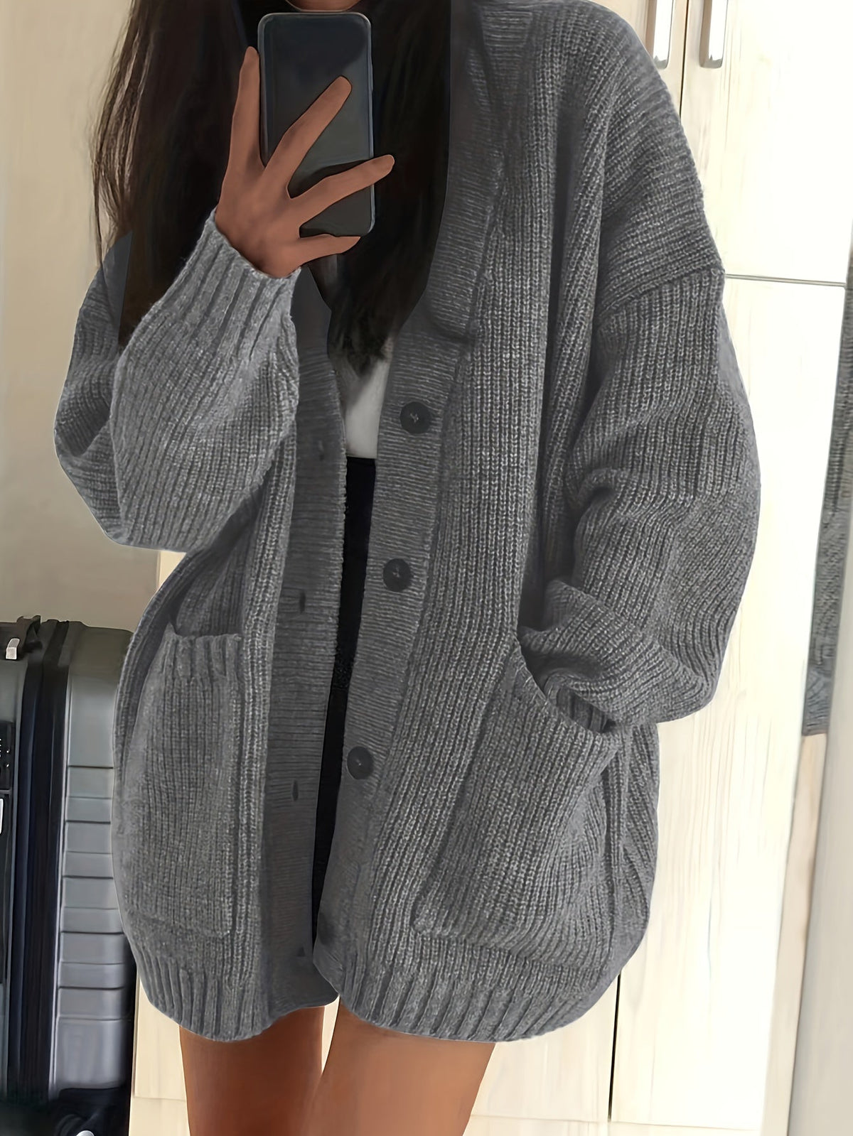 Oversized Ribbed Knit V-Neck Button Down Cardigan Sweater Women Fall Winter Casual Cozy Layering Outerwear