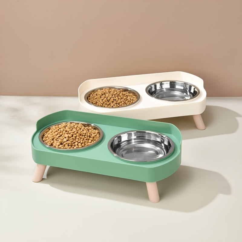 2-in-1 Cat Feeder and Water Dispenser with Stainless Steel Dual Bowl - Non-Slip Easy-Clean Pet Food & Water Station with Cute Cat Design, Healthy Hydration & Feeding Set for Cats & Small Dogs, Multiple Color Options