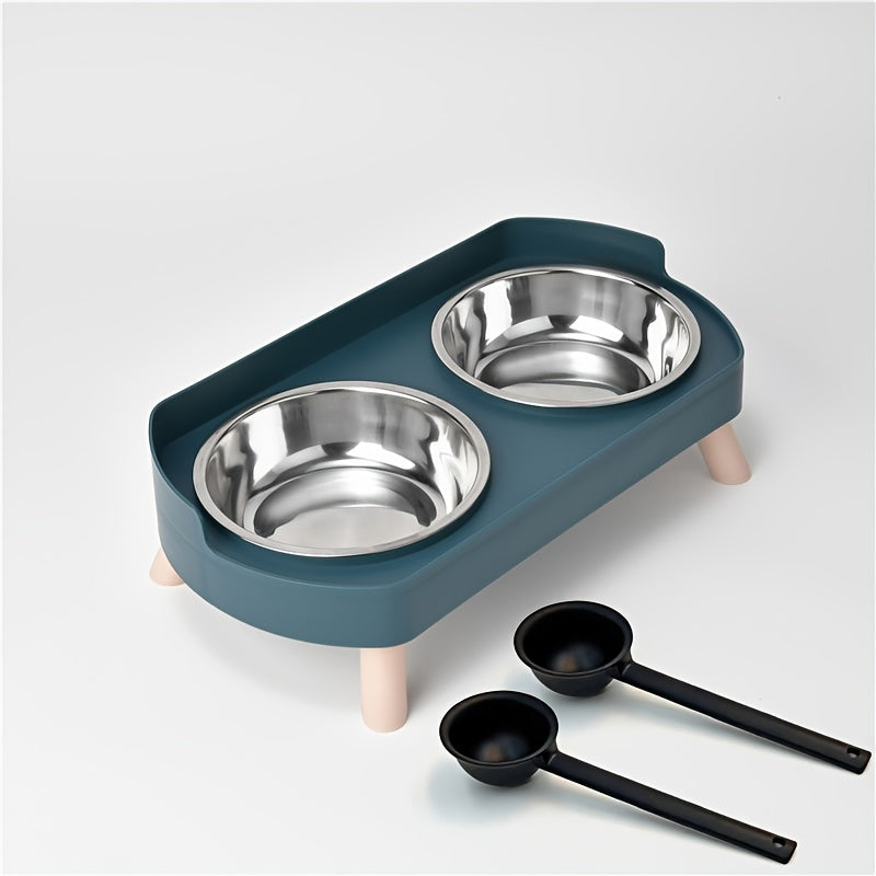 2-in-1 Cat Feeder and Water Dispenser with Stainless Steel Dual Bowl - Non-Slip Easy-Clean Pet Food & Water Station with Cute Cat Design, Healthy Hydration & Feeding Set for Cats & Small Dogs, Multiple Color Options