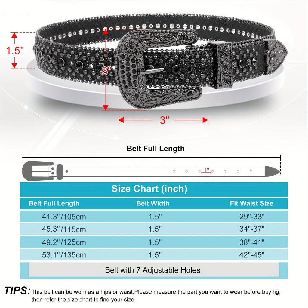 Rhinestone Belt Unisex Western Cowgirl Bling Belt – Sparkling Faux Leather Adjustable Waist Belt with Alloy Buckle for Women Men Sizes S-XL Party Festival Halloween Christmas Gift