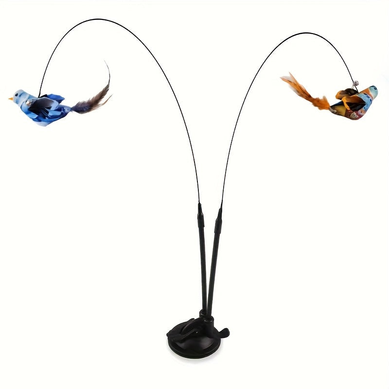 Cat Bird Hunting Toy with Double Rod & Suction Cup Base - Hands-Free Interactive Teaser with Bell Artificial Bird Feather for Cats Kittens Indoor Outdoor Exercise Training Random Color