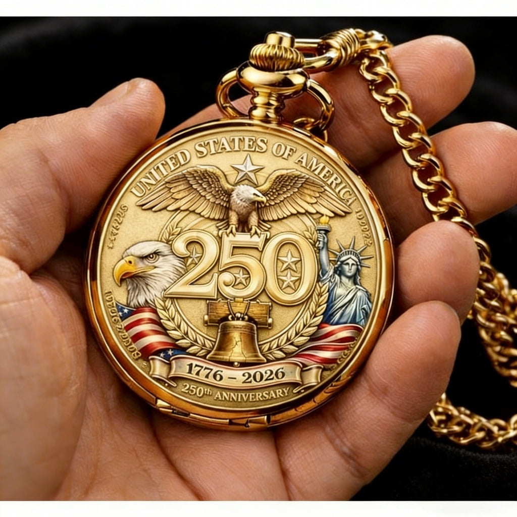 USA 250th Anniversary Pocket Watch 1776-2026 – Retro Wind-Up Timepiece with Bald Eagle & Statue of Liberty, Patriotic Commemorative Gift for History Buffs, Collectors & American Pride