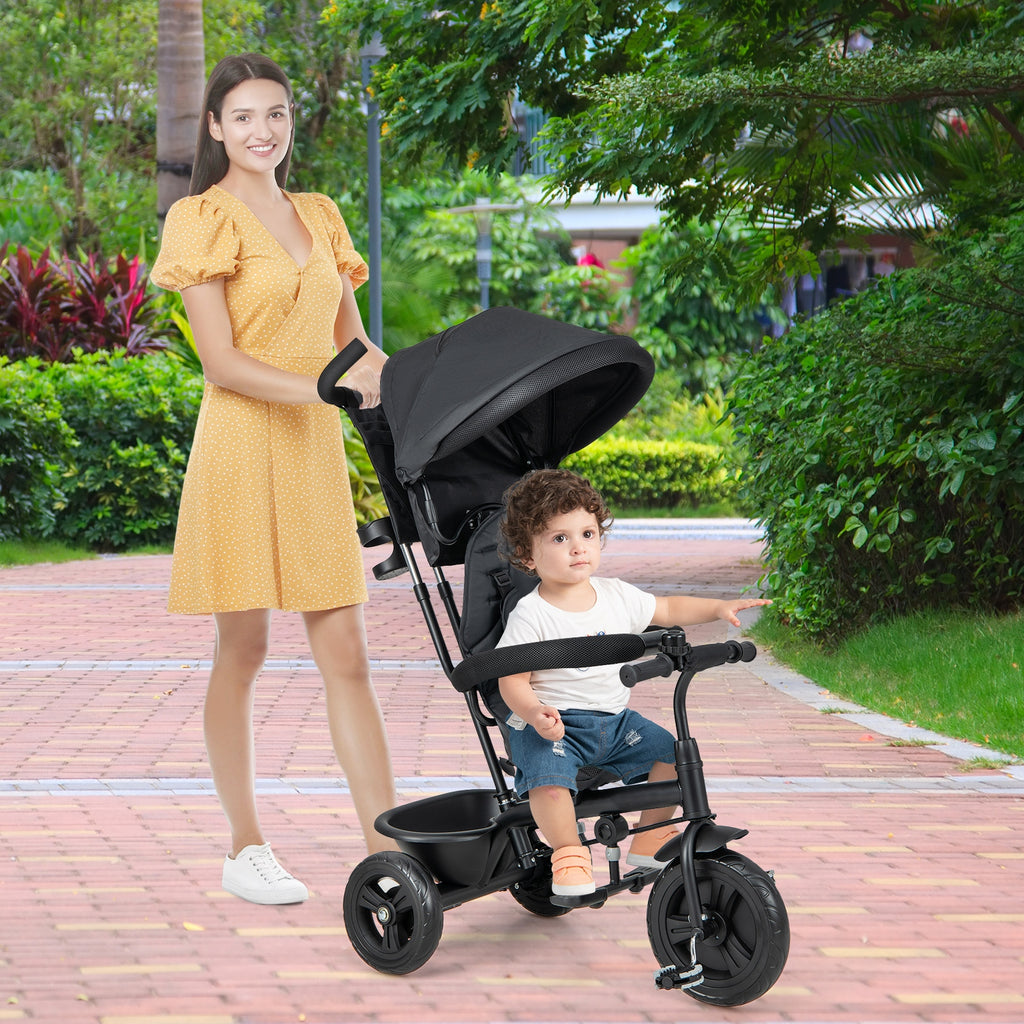 Foldable Tricycle Stroller, 4-in-1 Trike with Parent Push Handle, Removable Canopy, Reversible Seat, Safety Harness and Storage for Kids Age 10 Months to 5 Years Old, Black