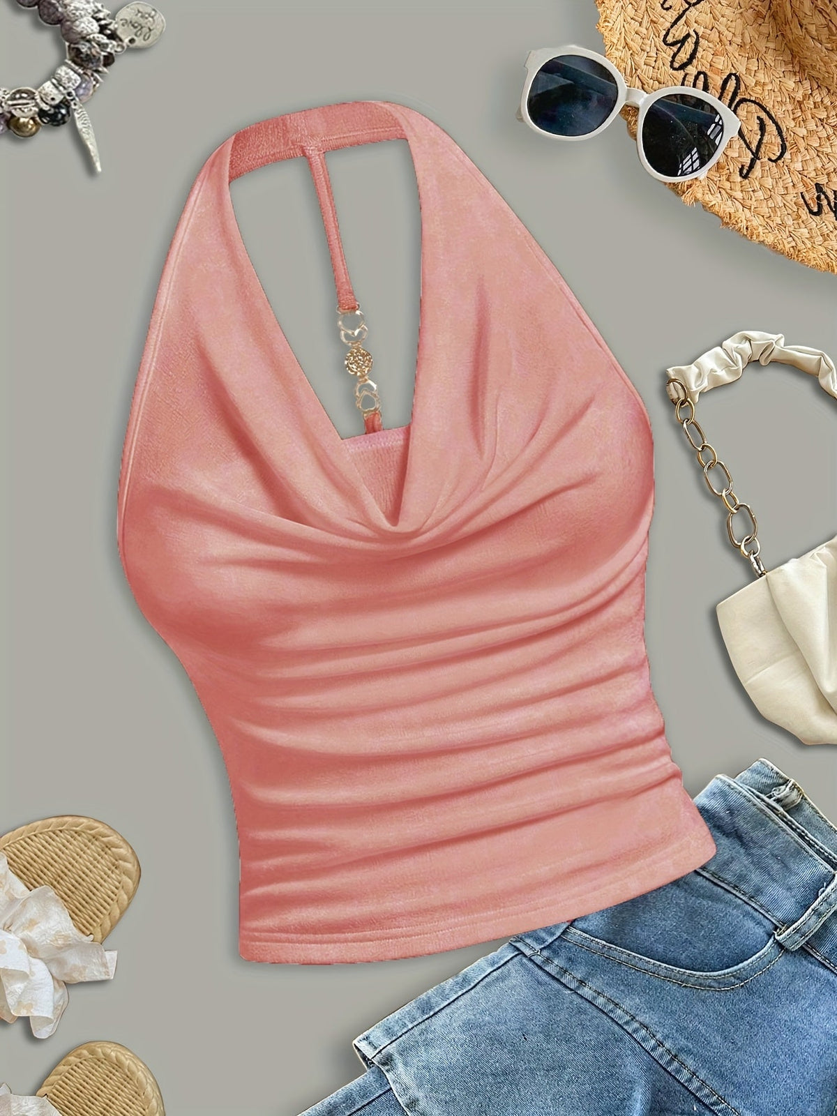 Women's Halter Neck Tank Top Sexy Backless Sleeveless Summer Beach Blouse Solid Color Knit Outerwear Shirt for Going Out - White Khaki Burgundy Pink