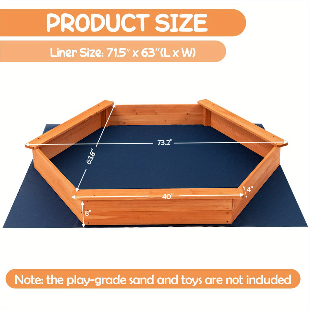 Cedar Wood Hexagonal Kids Outdoor Sandbox with Lid Weatherproof Oxford Cover Three Benches Base Liner 73x64 Inch for Gardens Yards Beaches Fits 4 to 6 Kids Natural