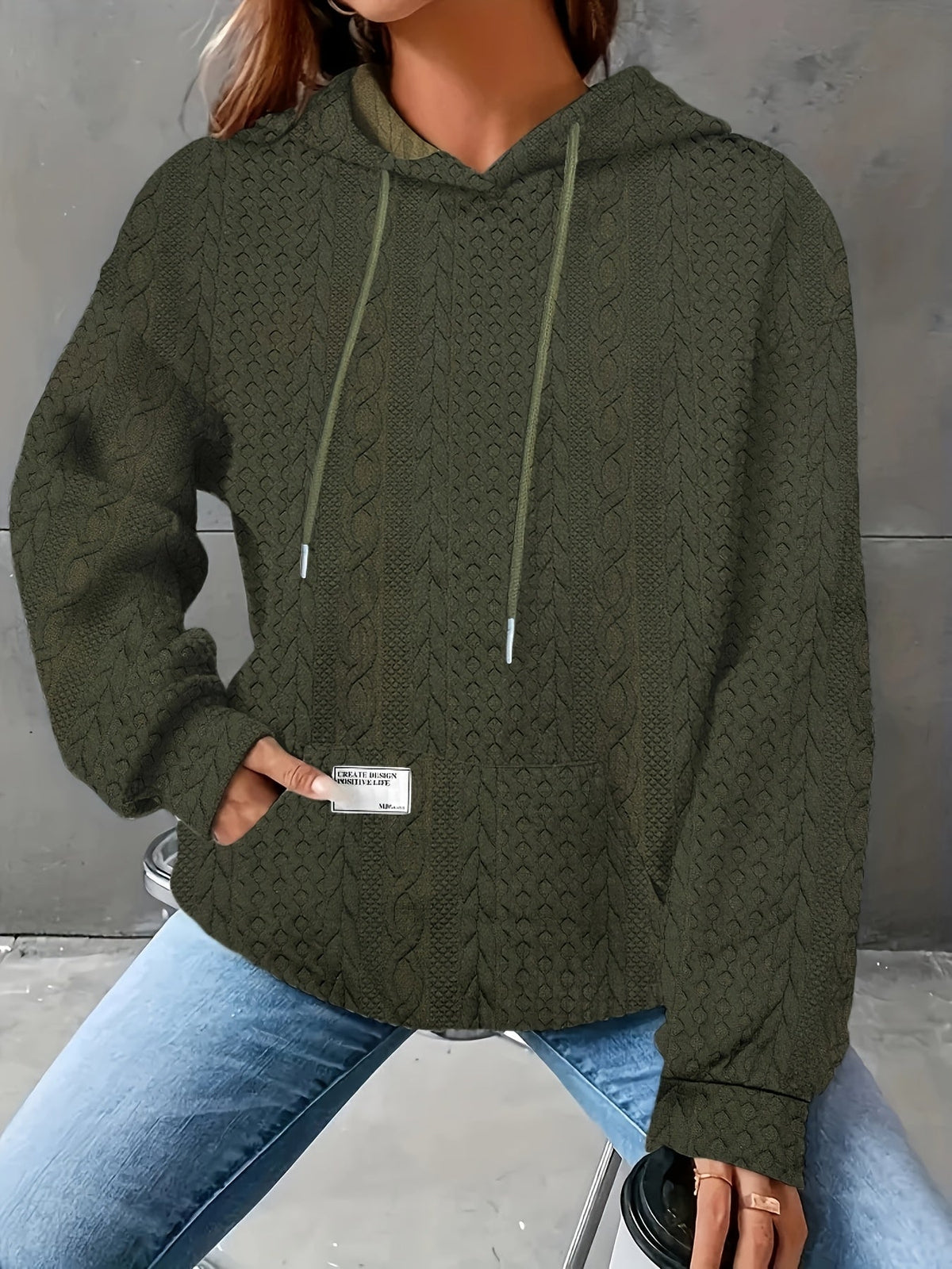 Women's Waffle Hooded Long-Sleeve Sweatshirt – Solid Color Cozy Pullover Hoodie for Autumn & Winter Casual Loungewear & Everyday Wear