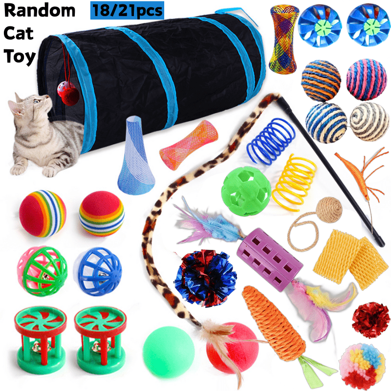 Cat Toys 18-21 Piece Variety Pack – Random Color Style & Material Kitten Toy Assortment, Interactive Feather Balls & Teaser Toys for Indoor Cats, No Battery Required, Fun Gift Set for Cat Lovers