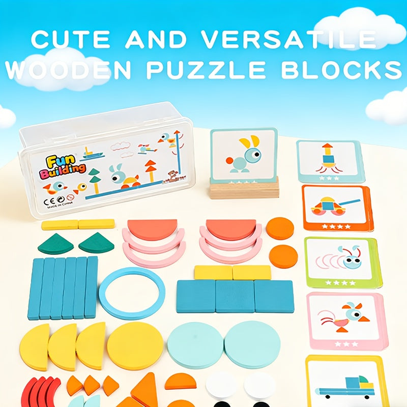 Wooden Geometric Shape Puzzle Building Blocks for Toddlers - Educational Stacking Shape Matching Cognitive Training Toy with Storage Box, Montessori Learning Gift for Boys Girls Ages 1-4, Birthday Christmas