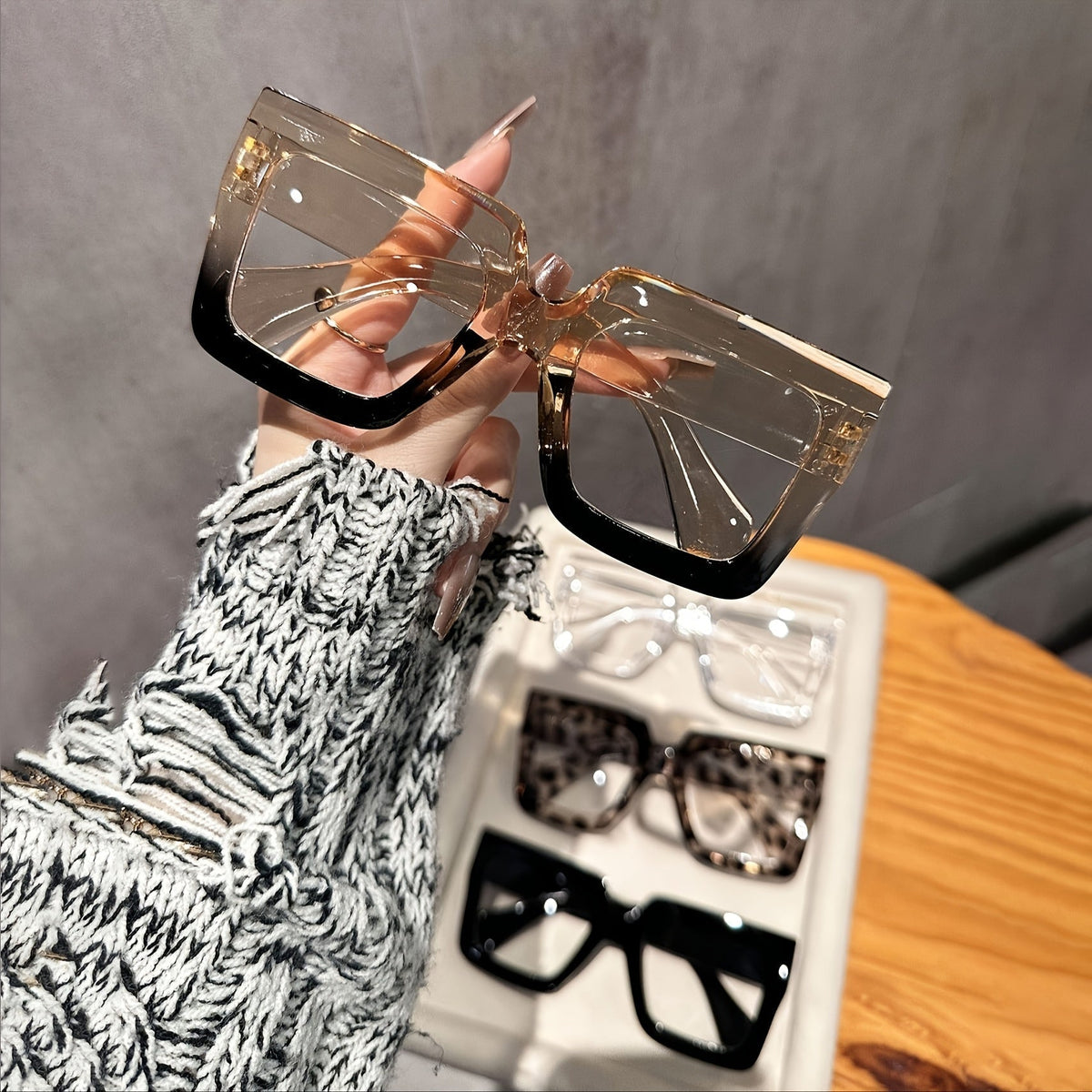 4 Piece Women's Square Fashion Glasses Set – Tortoiseshell Clear & Rose Gold Lightweight Plastic Frames, Stylish Decorative Eyewear for Office Home & Parties, Gift for Women