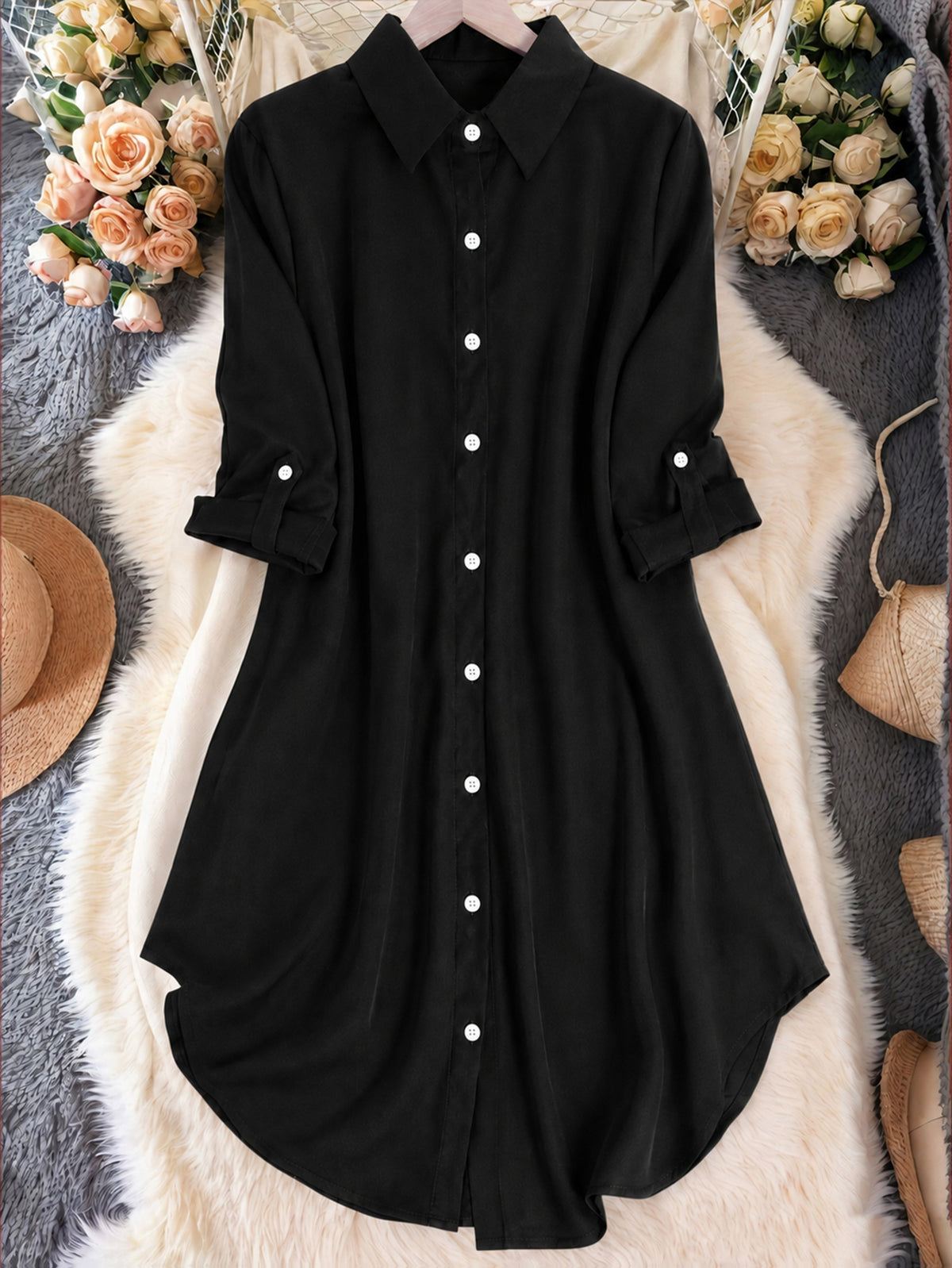 Women's Casual Lapel Shirt Solid Color Mid-sleeve Blouse All Season Versatile Loose Fit Button Down Top for Women
