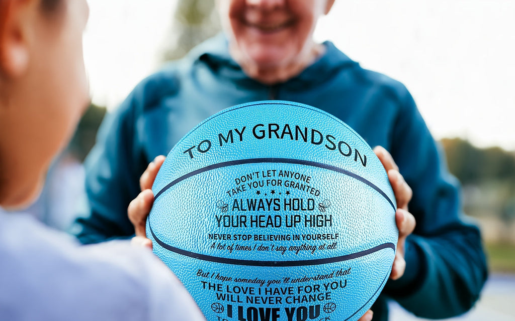 Engraved Basketball for Grandson & Son – Personalized Inspirational Size 7 Basketball with Pump, Motivational Gift for Birthday Christmas Anniversary, Blue Red Gold Black