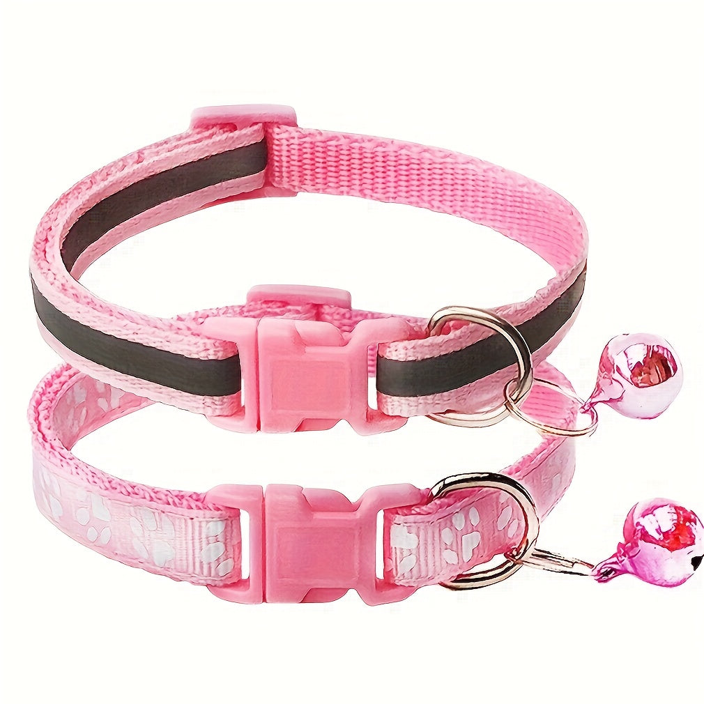 Reflective Pet Collar with Bell 2pcs Set - Adjustable Striped Polyester Cat & Dog Collar with Paw Print Design, Safety Breakaway Buckle, 10 Colors for Small Dogs and Cats, One Size