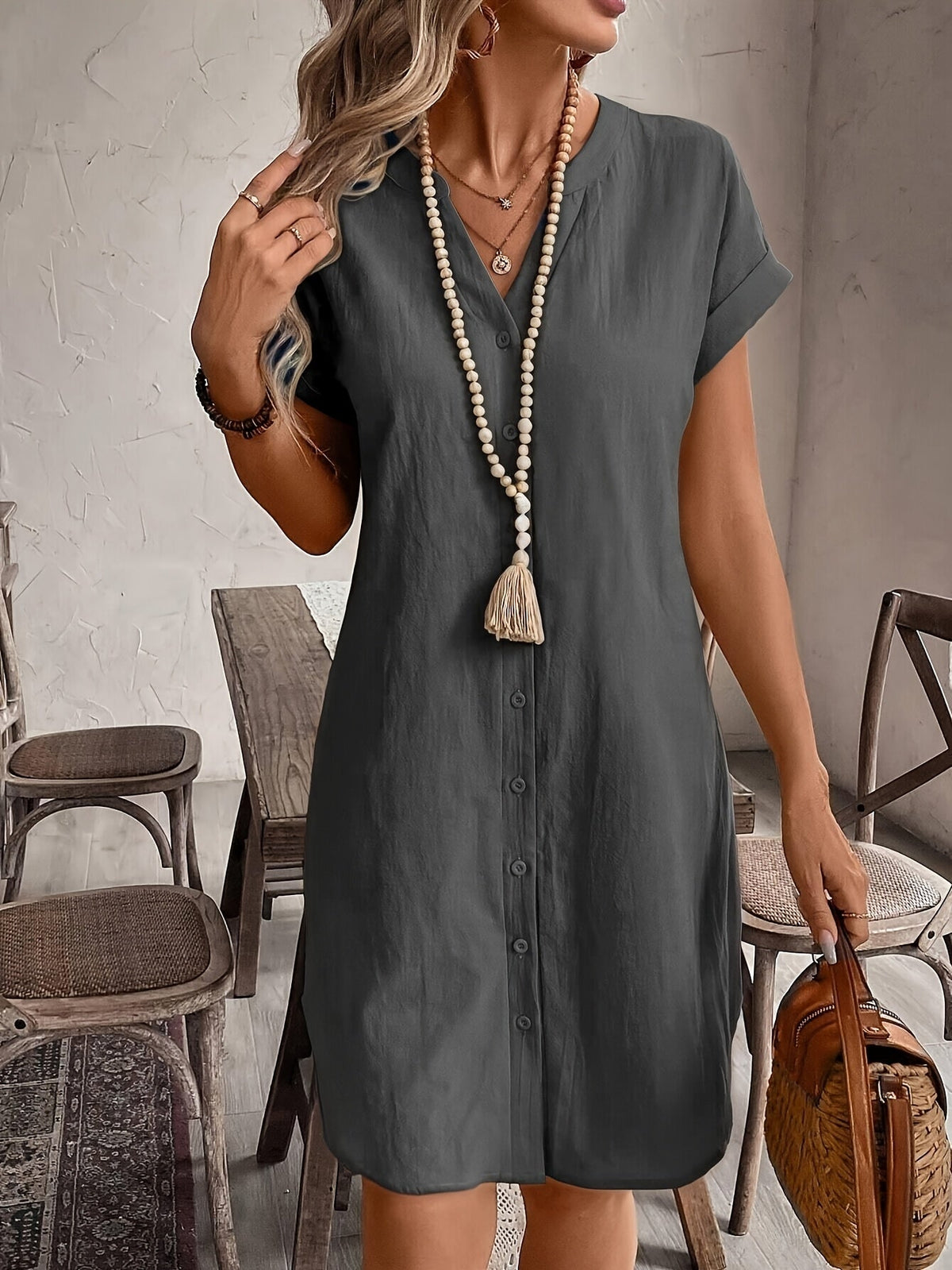 Women's V-Neck Loose Fit Button Dress – Elegant Casual Solid Color Summer Shirt Dress in 9 Colors for Everyday & Vacation Wear