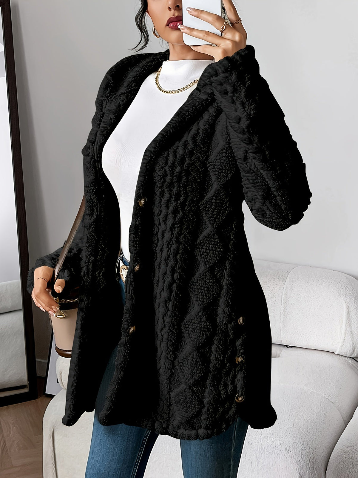Women's Jacquard Plush Hooded Cardigan Coat – Warm Fuzzy Open Front Sweater Jacket for Autumn Winter