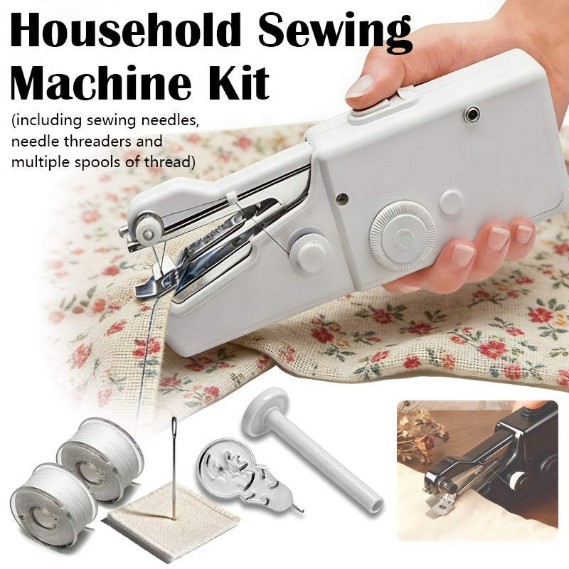 Compact Handheld Sewing Machine Kit Portable Battery Powered with Needles Bobbins Thread Spool Needle Threader and Fabric Sample – Quick Repair Tool for Clothes Garments Curtains and DIY Sewing Projects