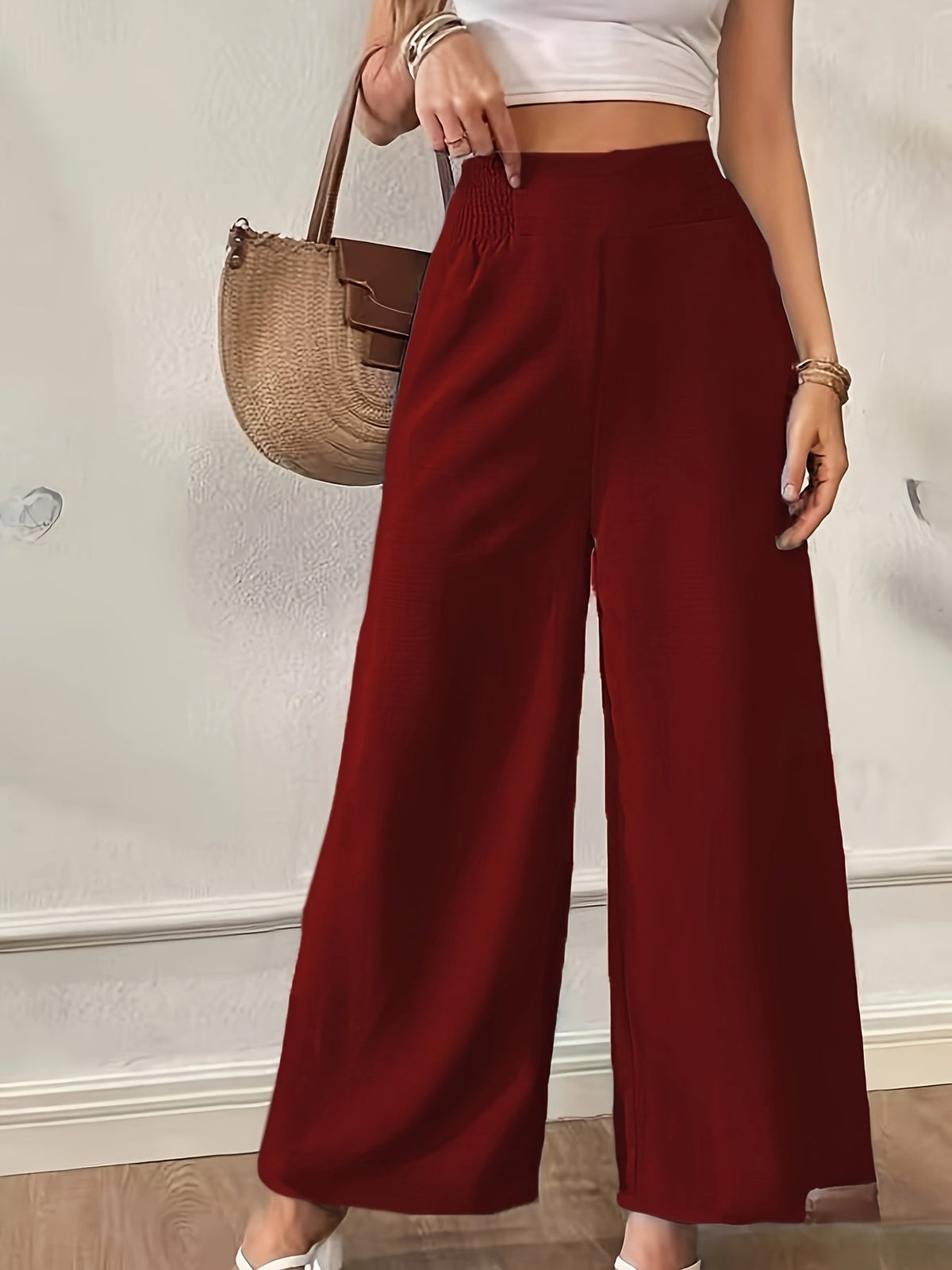 Women's Wide Leg Pants Casual Solid Color Loose Fit Woven Trousers Versatile Trendy Bottoms S M L XL XXL Camel Black Deep Red Coffee