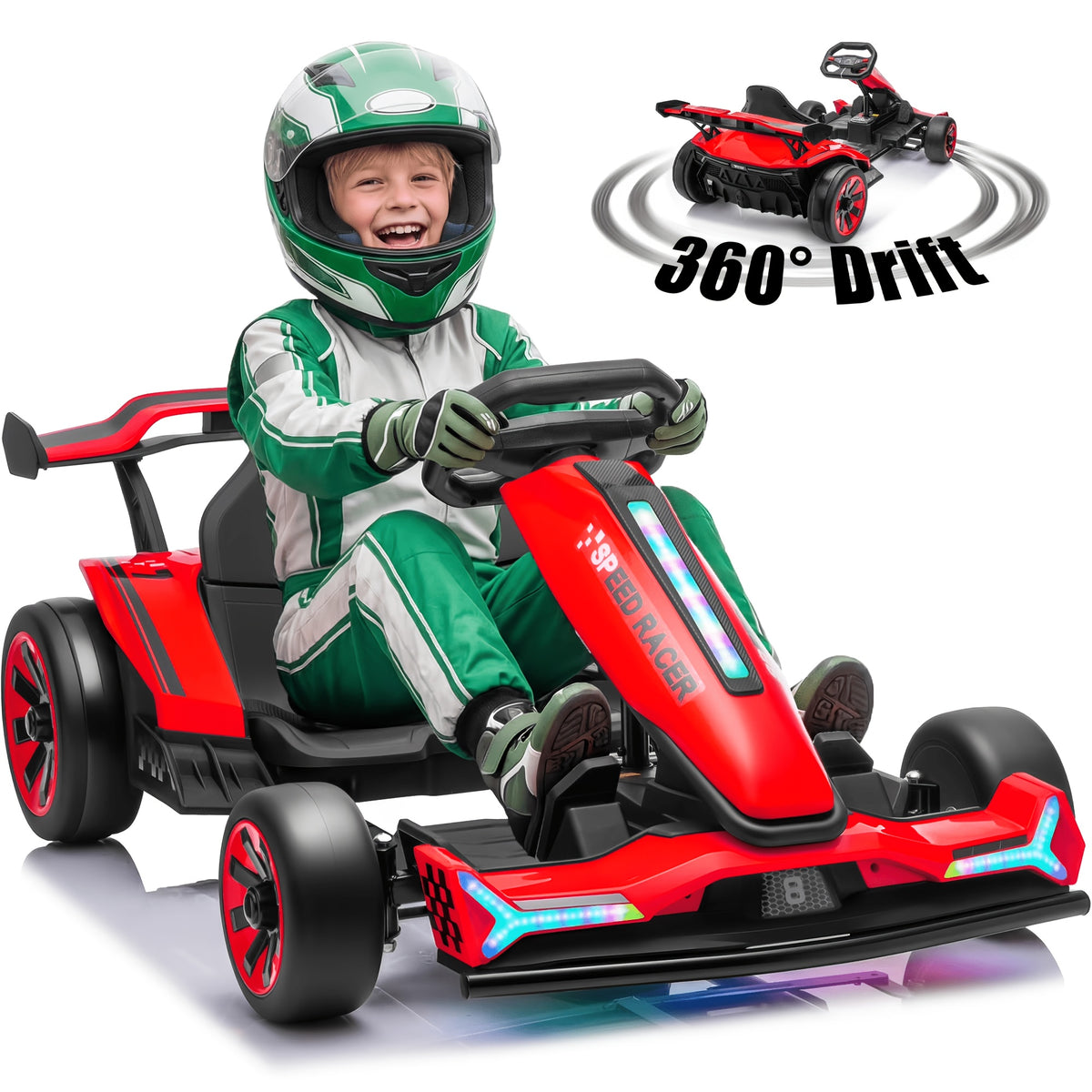 24V Electric Kids Go-Kart Drift Cart, 360 Degree Drift Mode, High Speed Racing with Soft Start, Music, Safety Belt, Metal Frame, Dual Brake for Boys Girls Ages 6 and Up, Birthday Christmas Gift, Black White Red Orange Silver