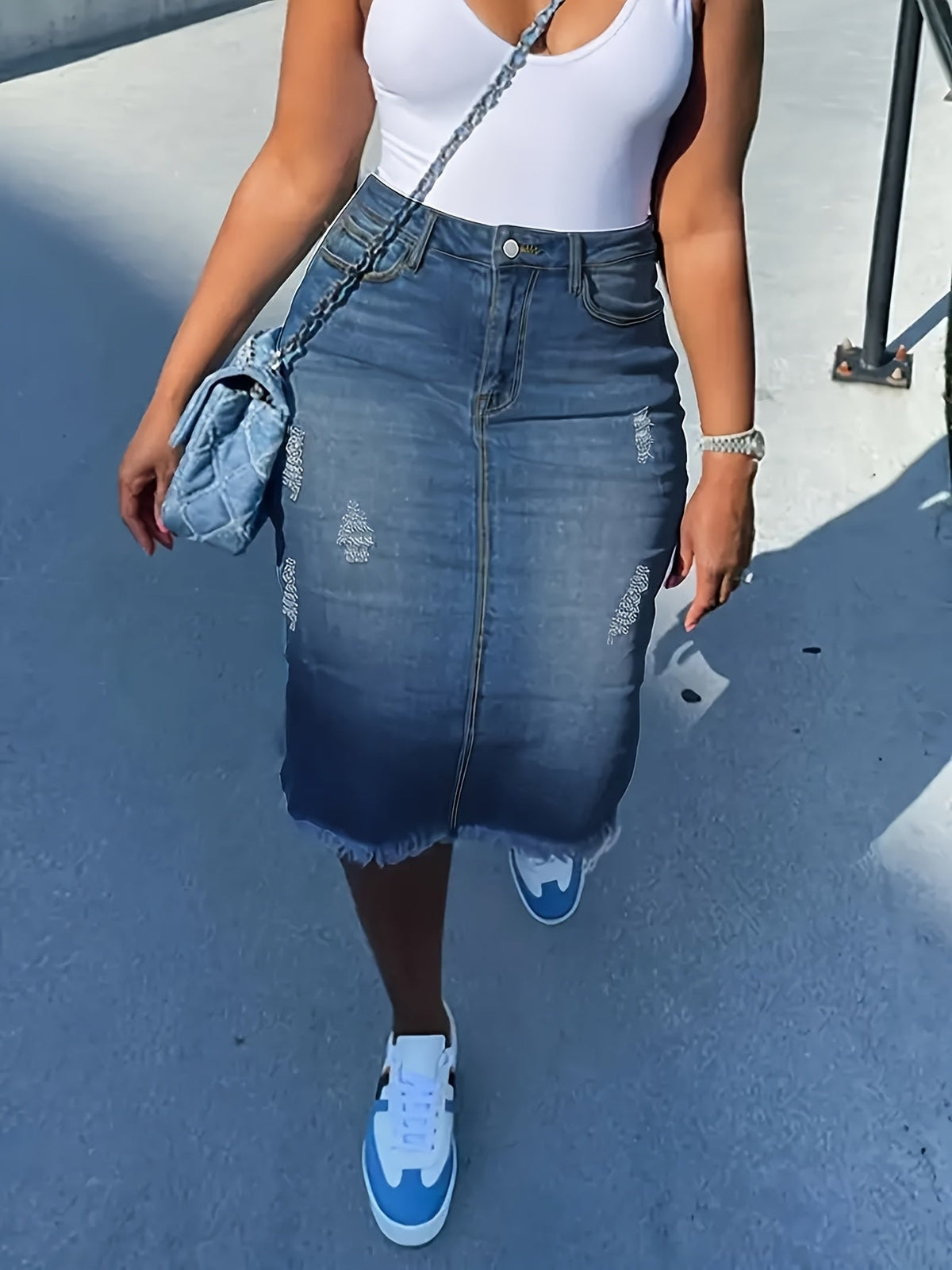 Women's Vintage High-Waisted Denim Midi Skirt – Stretch Raw Hem Distressed Look, Machine Washable, Non-Transparent, Sea Blue, Sizes XS-XXL, Casual Spring Summer Fall Skirt