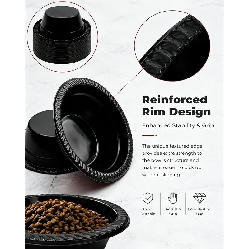 Disposable Pet Bowls 50-Pack 12oz – Round Black Plastic Bowls for Small & Medium Dogs, Travel, Shelter, Kennel, Outdoor & Emergency Feeding, Stackable Hygienic Single-Use