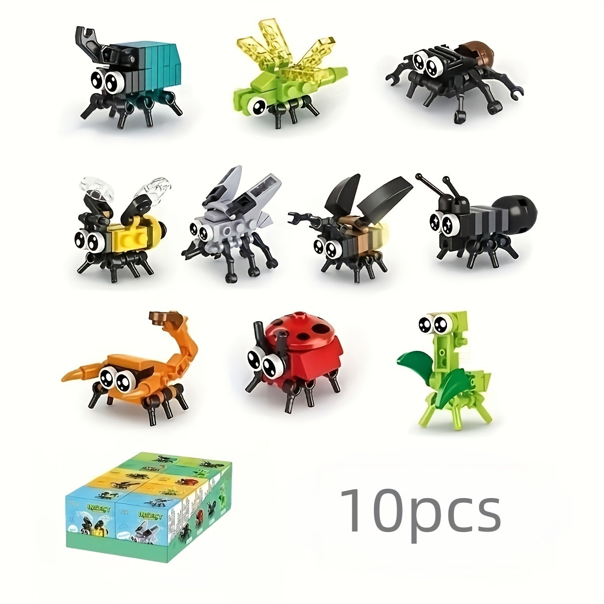 Insect Building Blocks Set 10 Pieces - Small Particle Animal Model Bricks with Bee Ladybug Firefly Dragonfly Spider Scorpion, STEM Educational Toy for Kids Boys and Girls, Birthday Christmas Gift