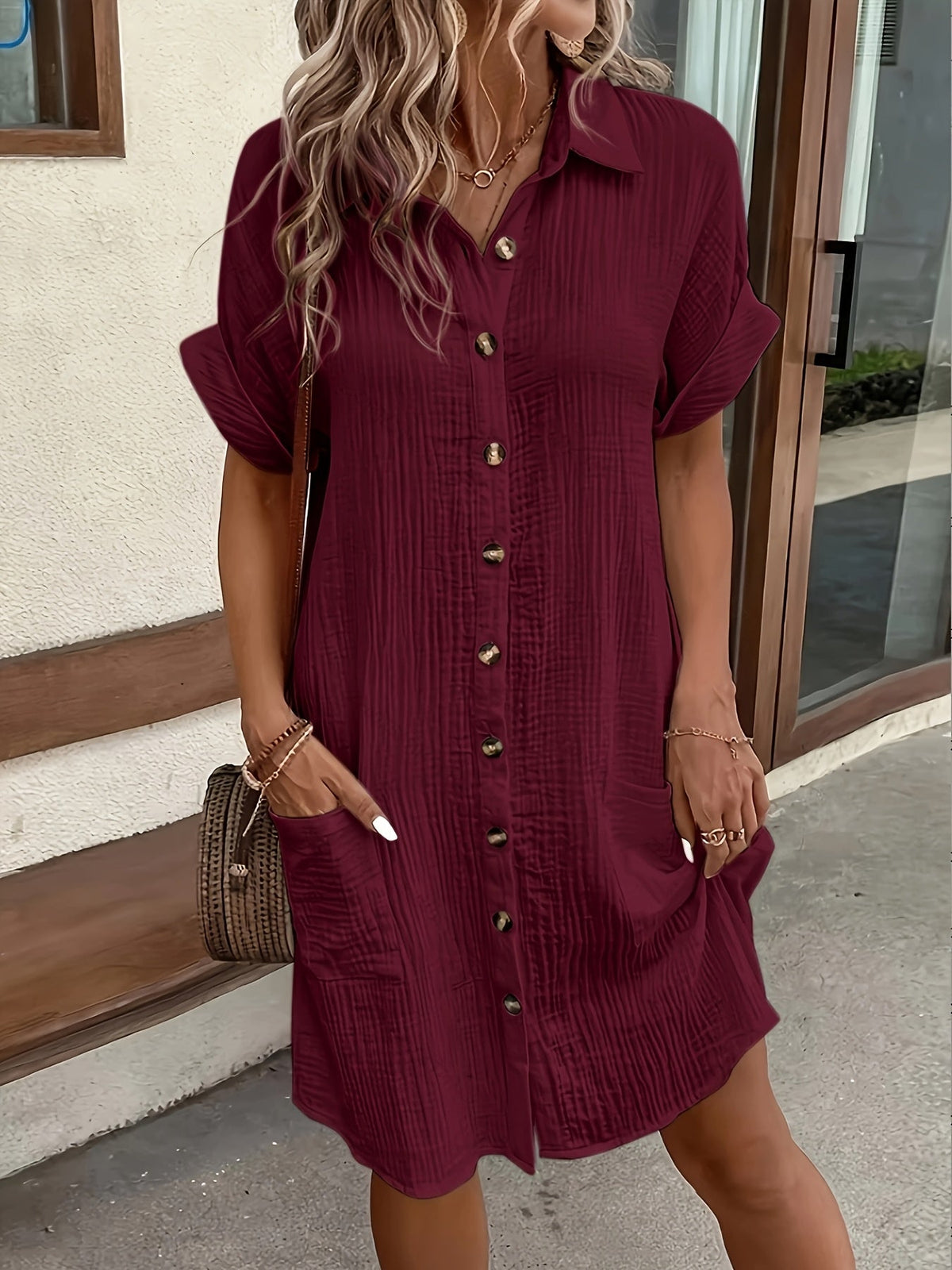 Women's Solid Color Lapel Collar Button-Down Sleeveless Shirt Dress – Breathable Knee-Length Vintage Flutter Sleeve Casual Dress for Spring Summer