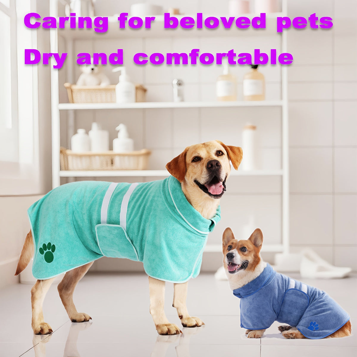 Quick-Drying Dog Bathrobe with Paw Print Embroidery – Super Absorbent Pet Towel Robe with Adjustable Belly Band, Ultra-Soft Microfiber, Sizes XS–3XL, 5 Colors for Dogs After Bath & Grooming
